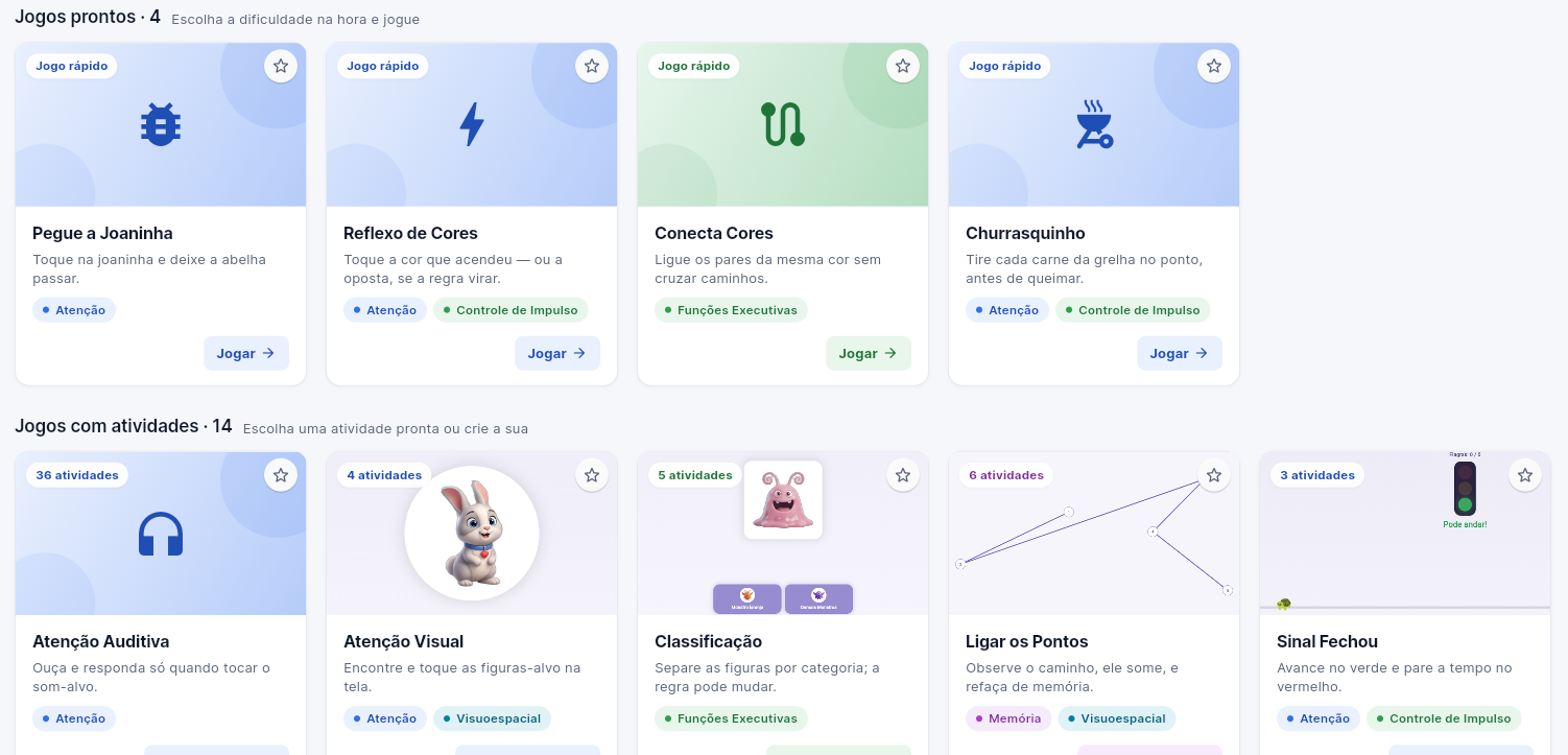 Biblioteca de jogos do GuiaMind: jogos prontos como Pegue a Joaninha, Reflexo de Cores, Conecta Cores e Churrasquinho, e jogos com atividades como Atenção Auditiva, Atenção Visual, Classificação, Ligar os Pontos e Sinal Fechou, cada um com a área cognitiva que trabalha