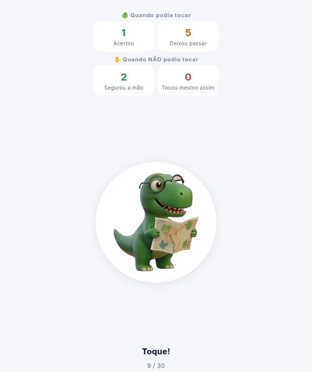 Jogo Tira a Mão! em andamento: um dinossauro na tela, a instrução Toque!, e os contadores Acertou, Deixou passar, Segurou a mão e Tocou mesmo assim
