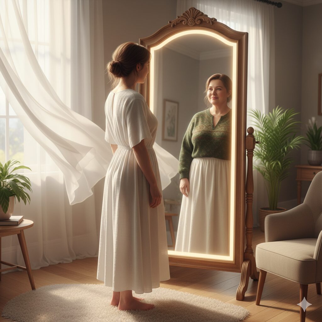 Mulher diante de um espelho, observando com ternura sua antiga versão refletida. A cena simboliza a distorção cognitiva após a bariátrica e o processo de aceitação do novo corpo, com luz suave e atmosfera de autocompaixão.