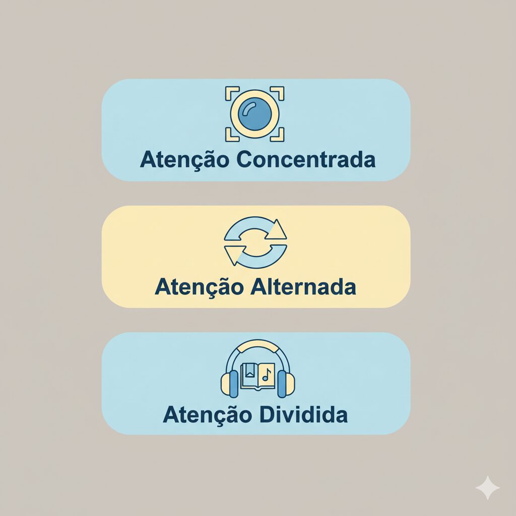 Ilustração mostrando os três tipos de atenção: concentrada, alternada e dividida.